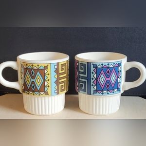 Vintage 70s Set of 2 Stackable Stonewear Mug Geometric Aztec Vibrant Unique Cup